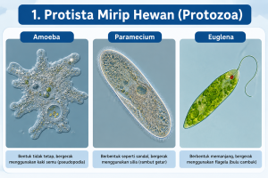 Ilustrasi protista mirip hewan atau protozoa seperti Amoeba, Paramecium, dan Plasmodium beserta alat geraknya.
