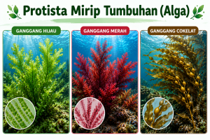Ilustrasi protista mirip tumbuhan berupa ganggang hijau, ganggang merah, dan ganggang cokelat di lingkungan perairan.