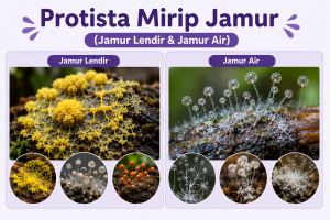 Ilustrasi protista mirip jamur seperti jamur lendir dan jamur air yang hidup di lingkungan lembap.
