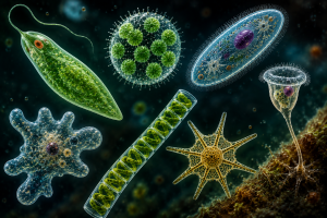 Ilustrasi berbagai jenis protista mikroskopis seperti Amoeba, Euglena, Paramecium, dan alga di lingkungan perairan.