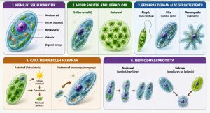 Ilustrasi ciri-ciri protista yang menunjukkan sel eukariotik, hidup soliter atau berkoloni, alat gerak protista, cara memperoleh makanan, dan reproduksi protista.