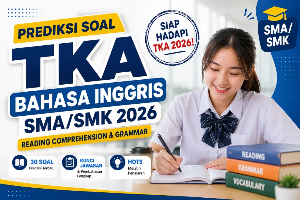 Prediksi Soal TKA Bahasa Inggris SMA/SMK 2026 lengkap dengan 30 soal, reading comprehension, grammar, HOTS, kunci jawaban, dan pembahasan