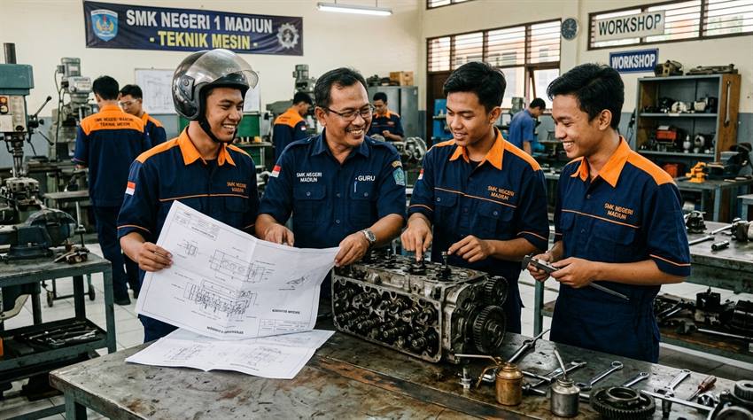 Siswa SMK Jurusan Teknik Manufaktur dan Mesin Berdiskusi Memeriksa Komponen di Bengkel Praktik Madiun