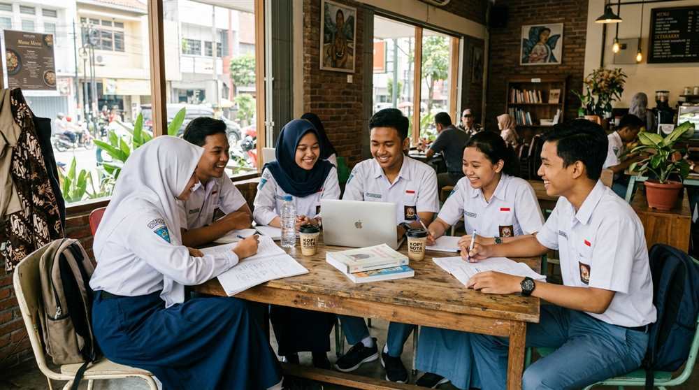 Suasana pelajar dan mahasiswa mengerjakan tugas kelompok dengan laptop di kafe nugas tenang Madiun