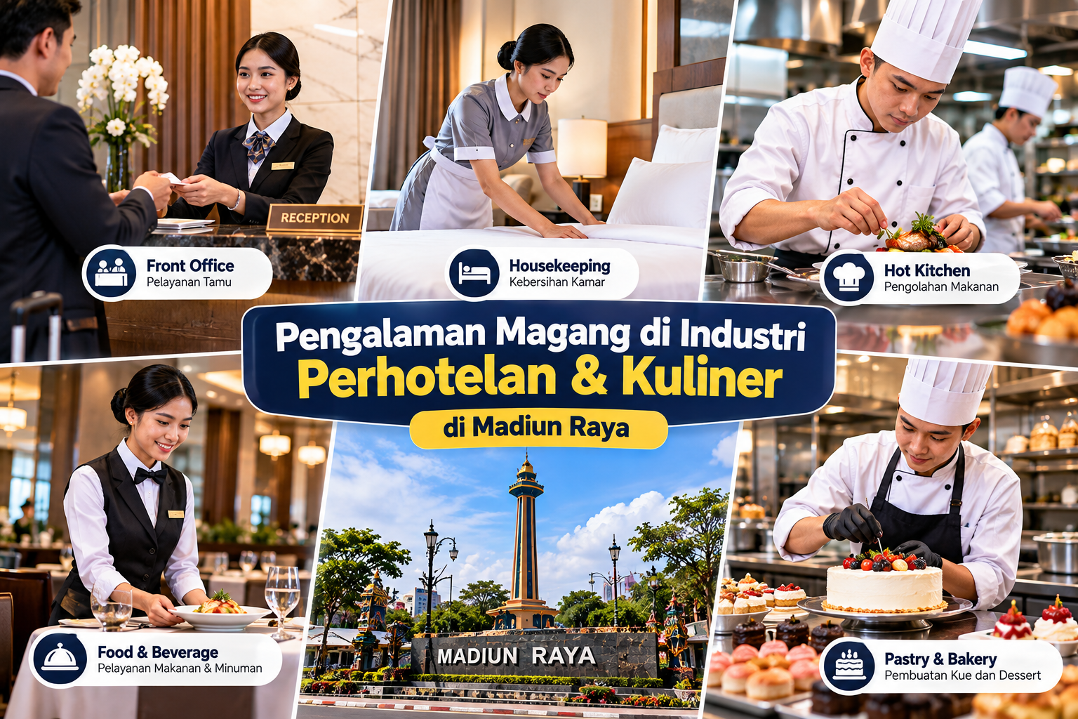 Pengalaman magang siswa SMK jurusan Perhotelan dan Kuliner di Madiun Raya pada bidang front office, housekeeping, dapur hotel, dan pastry